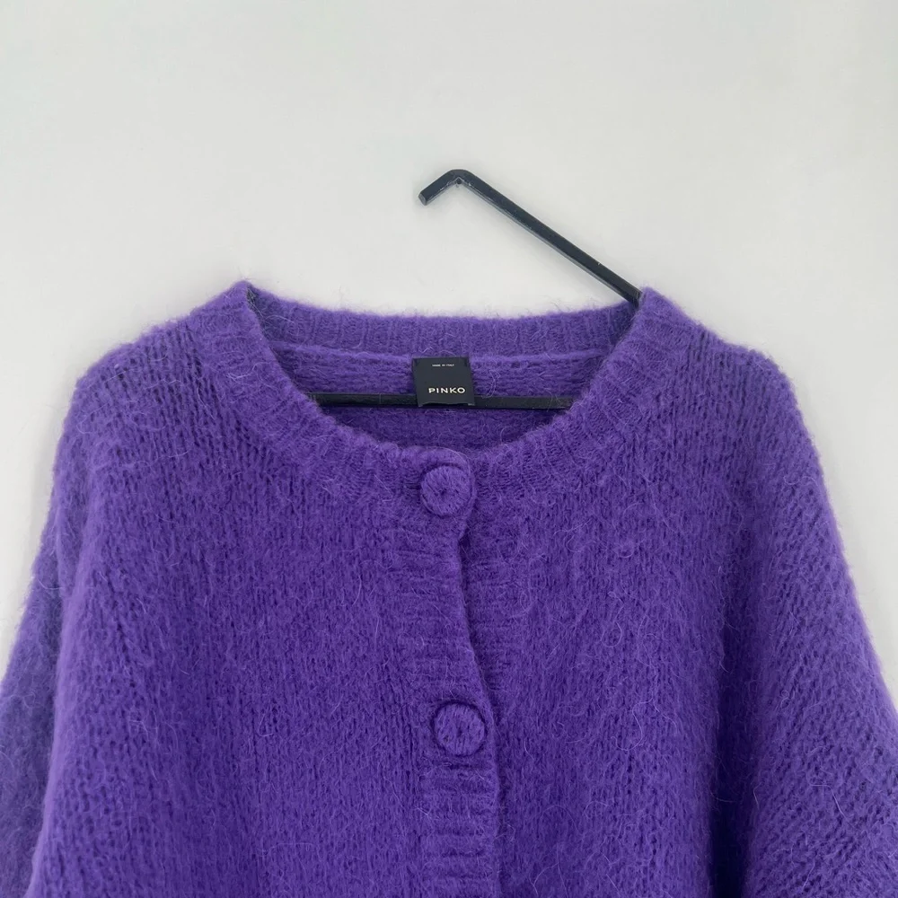 Pinko Mohair Wool Blend Purple Button Up Cropped Logo Plaque Soft Cardigan